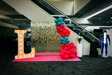 Load image into Gallery viewer, Auckland corporate celebration featuring shimmer wall backdrop, balloons, and elegant event styling