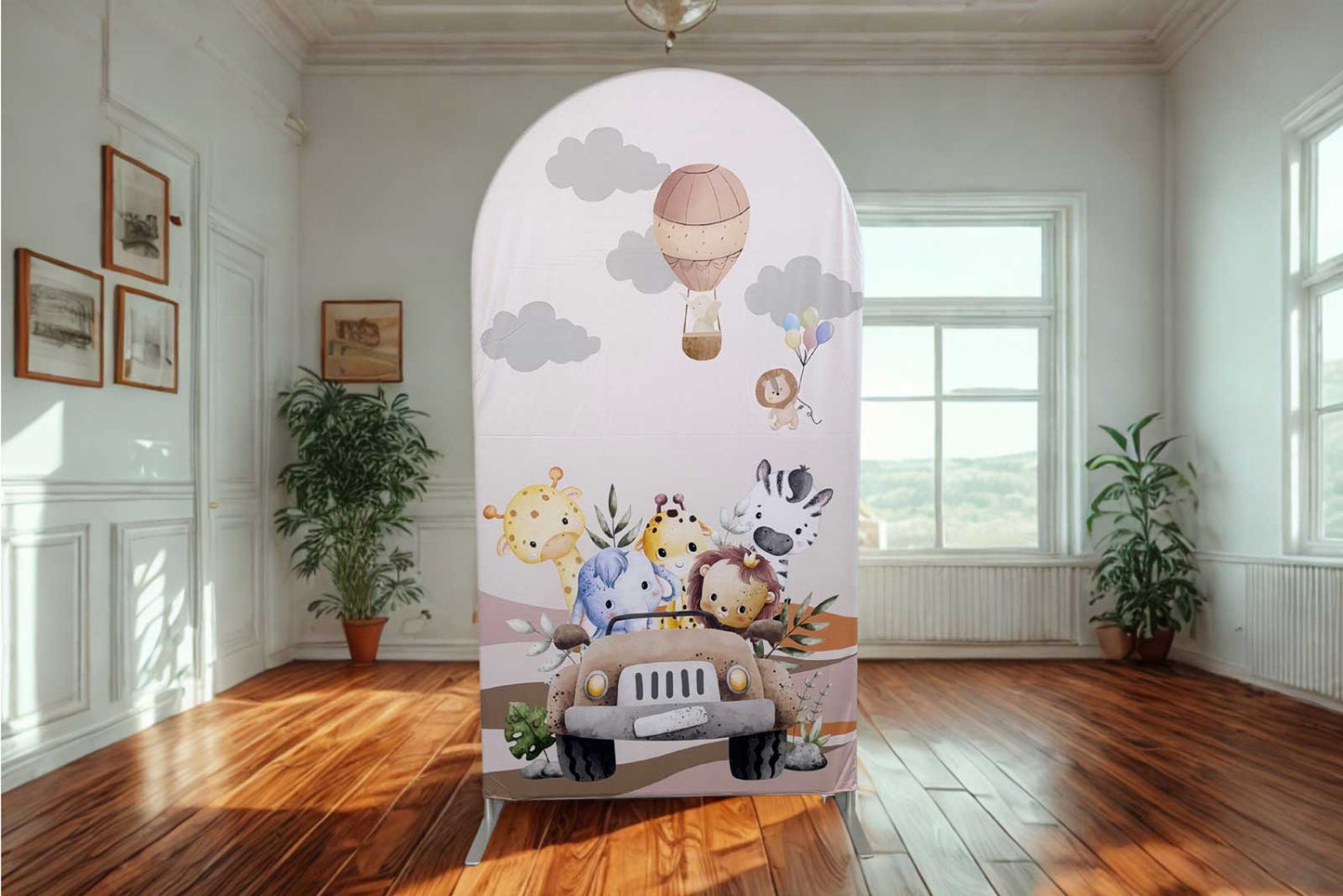 Animal-themed 1st birthday backdrop with balloons for boys and girls parties in NZ