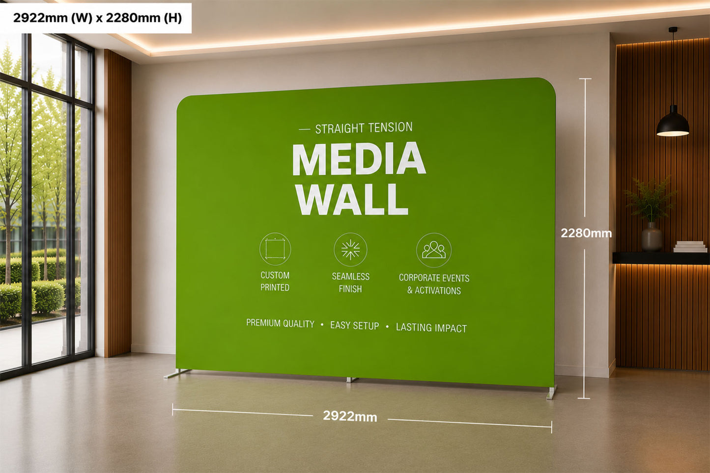 Custom straight tension fabric media wall with wrinkle-free printed fabric for professional event branding.