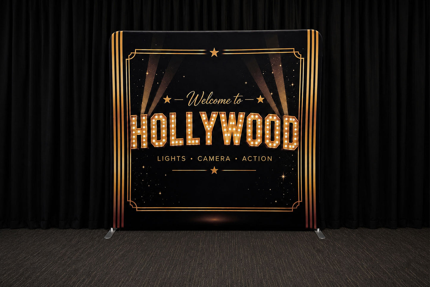 Hollywood backdrop hire with red carpet and movie-themed event styling in Auckland