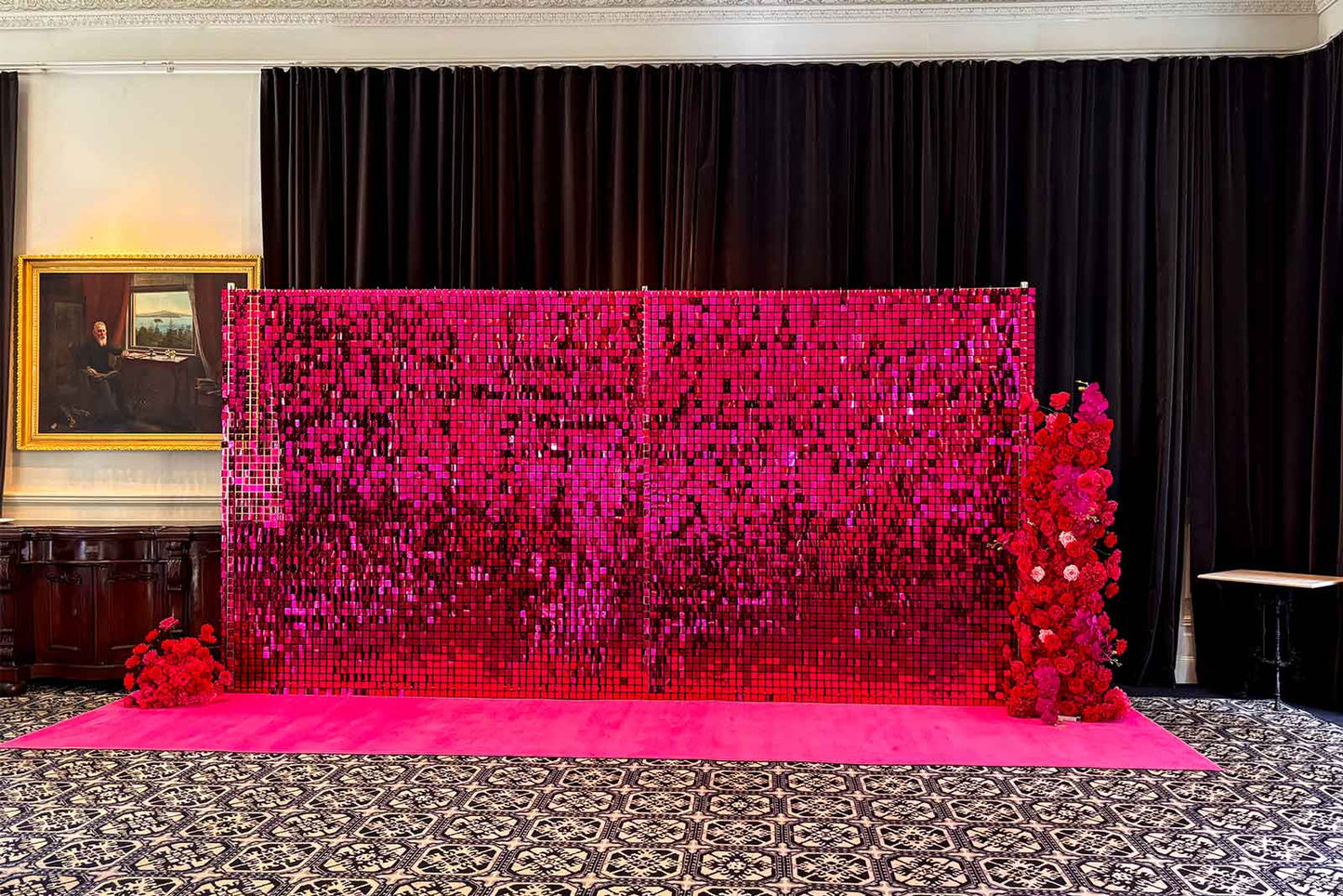 Hot pink shimmer wall backdrop for corporate events, branding, and professional photo areas