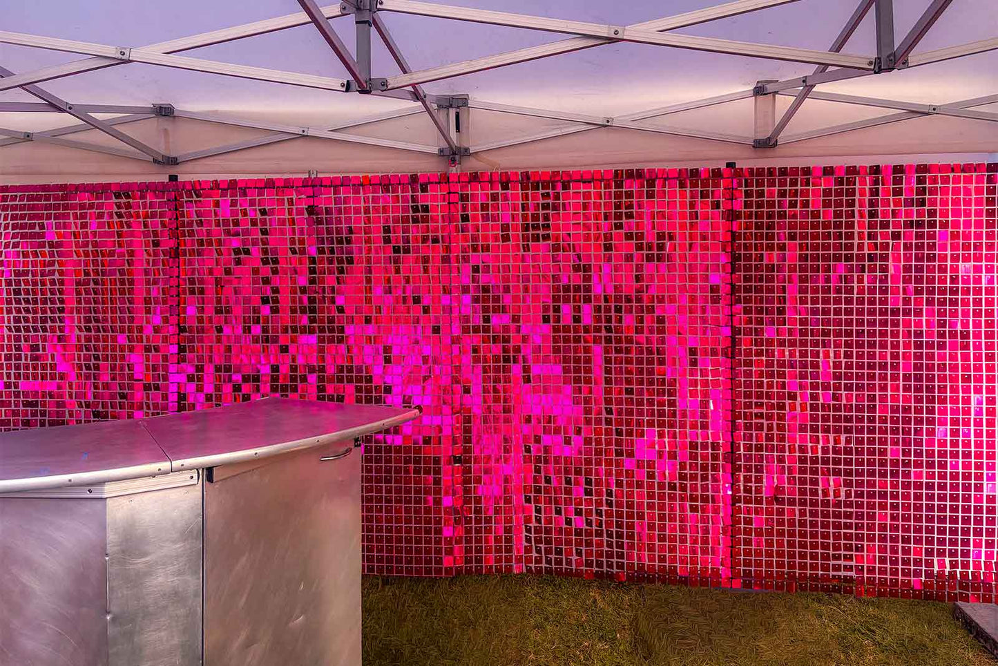 Hot pink shimmer wall for corporate event styling and photo backdrop hire in Auckland.