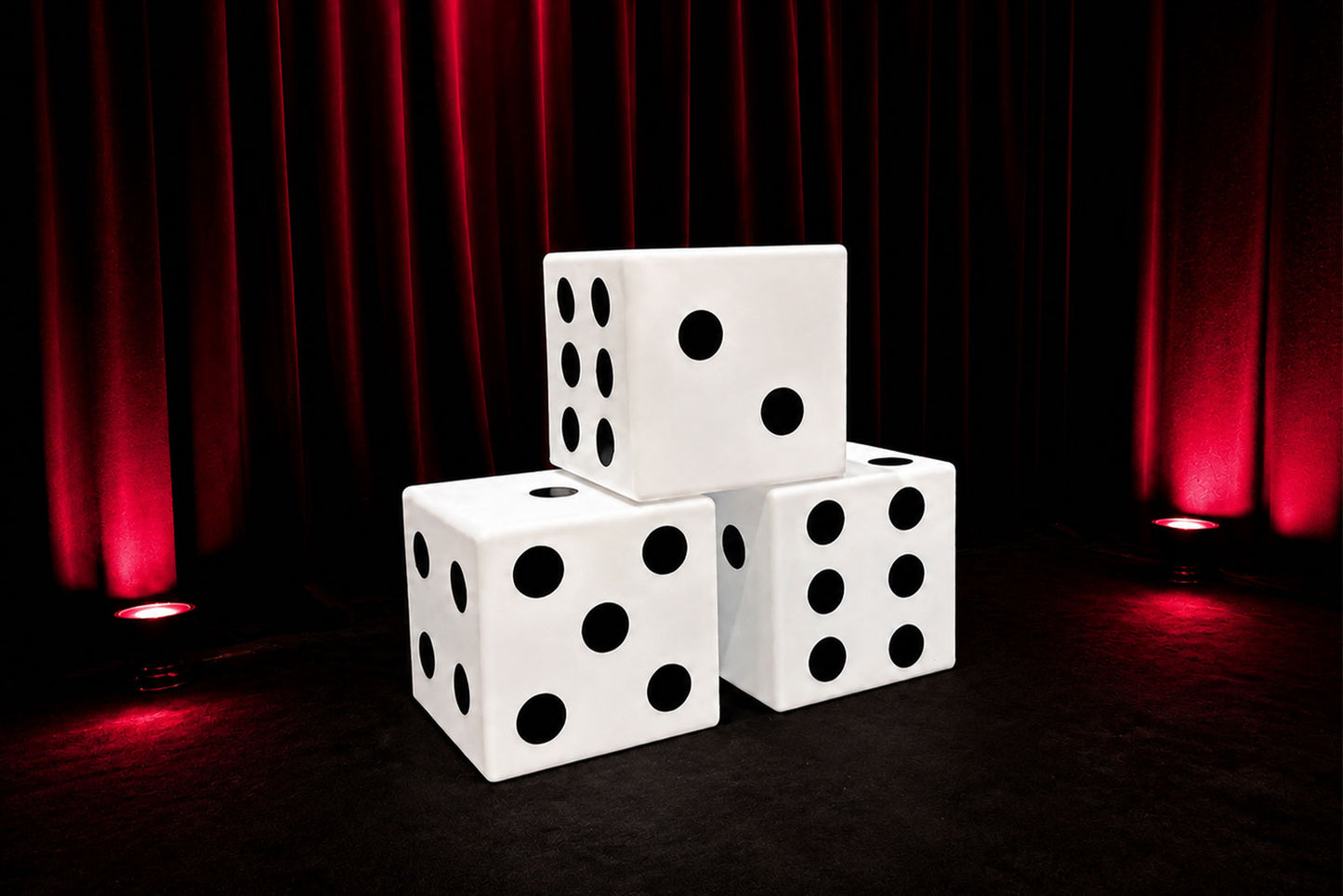 Light up dice hire for corporate event with illuminated oversized dice creating a fun casino-themed event display