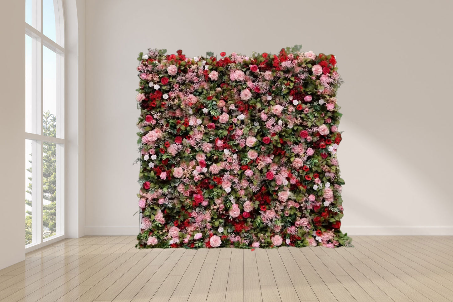 Red and pink flower wall hire for weddings, birthdays, and celebrations