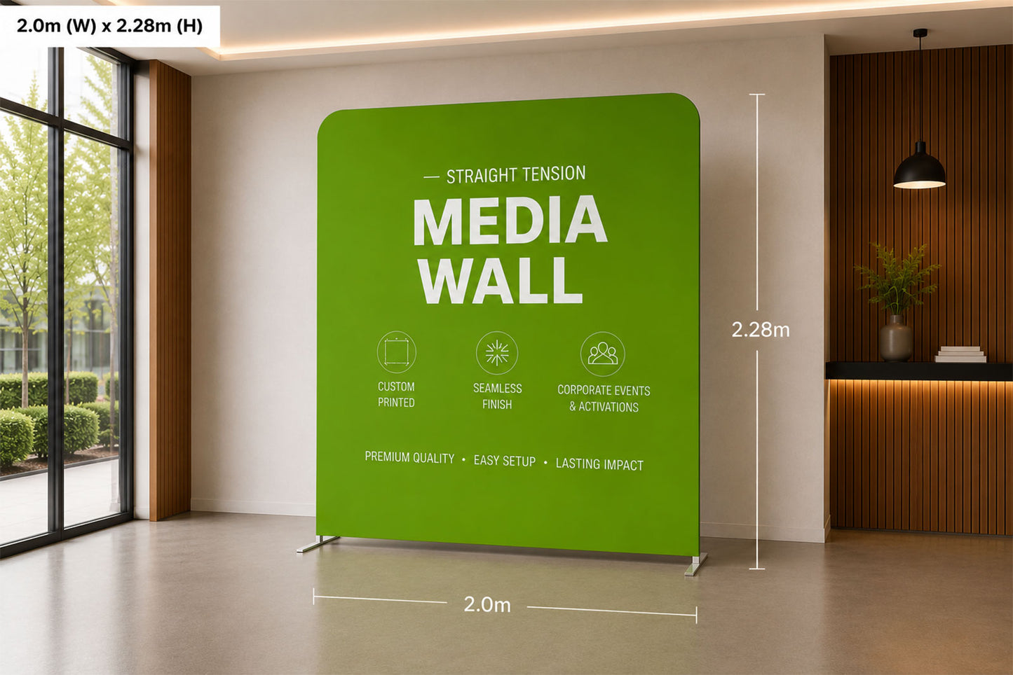 Straight tension fabric media wall displaying a custom printed seamless backdrop for a corporate event.