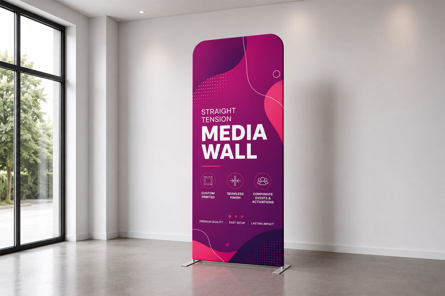 Straight tension fabric media wall for corporate events, conferences, exhibitions and branded backdrops in Auckland.