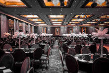 Load image into Gallery viewer, Elegant white feather centrepieces creating a Gatsby-style table setting for a formal event