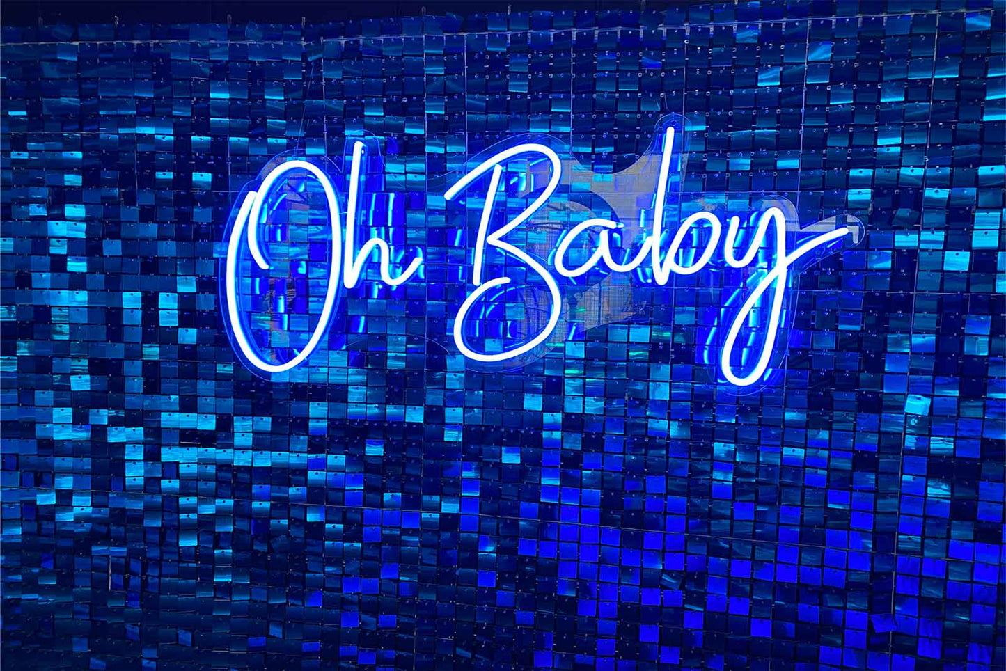 Blue Oh Baby neon sign hire for baby shower décor and celebration events
