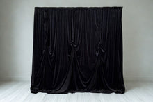 Load image into Gallery viewer, Black velvet draping backdrop with elegant flowing curtains, perfect for weddings, events, and photo walls.
