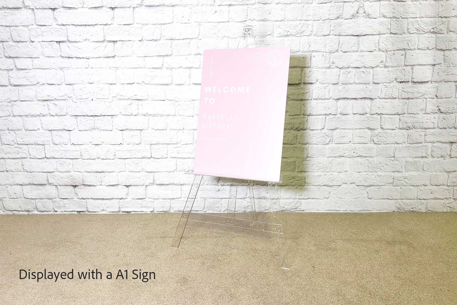Clear Easel displaying a sign