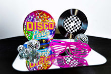 Load image into Gallery viewer, Decorative centrepiece with disco party sign, sunglasses, and vinyl records on a reflective surface.
