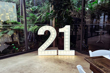 Load image into Gallery viewer, Large illuminated number &#39;21&#39; in a garden setting with greenery and outdoor furniture.
