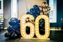 Load image into Gallery viewer, Decorative setup with light up number &#39;60&#39; and balloons in a room.
