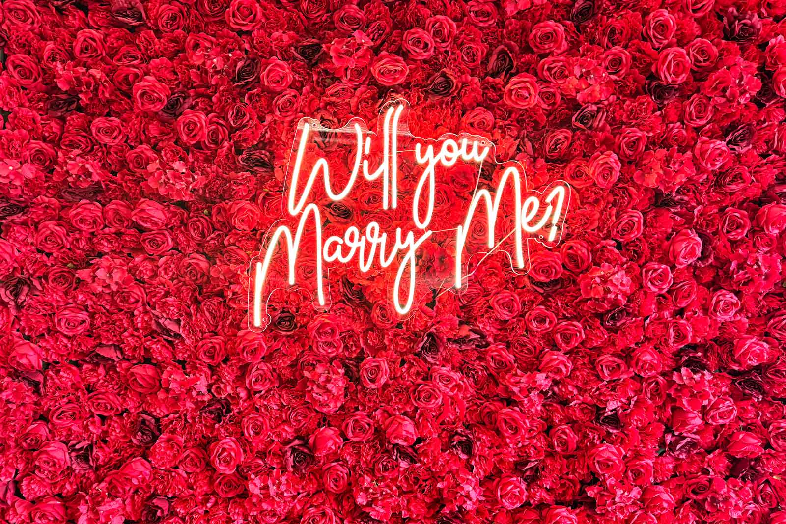 Will You Marry Me neon sign hire for proposals and romantic celebrations