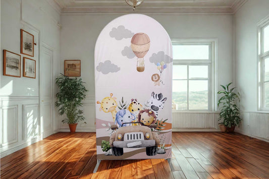 Animal-themed 1st birthday backdrop with balloons for boys and girls parties in NZ