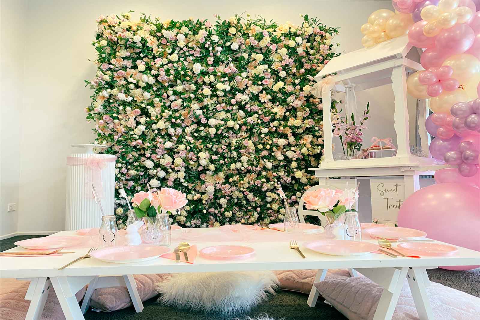 Artificial flower wall hire for weddings, parties, and events