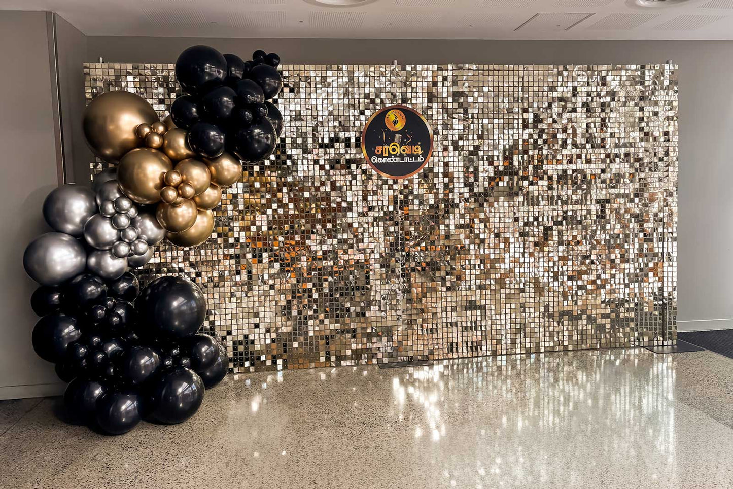 Auckland event featuring a stunning large shimmer wall as the focal point.