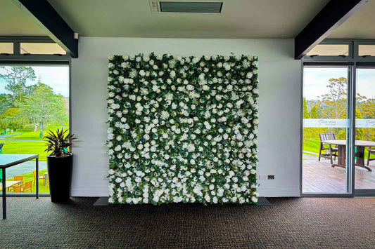 Romantic blush and white flower wall for elegant wedding décor, baby shower