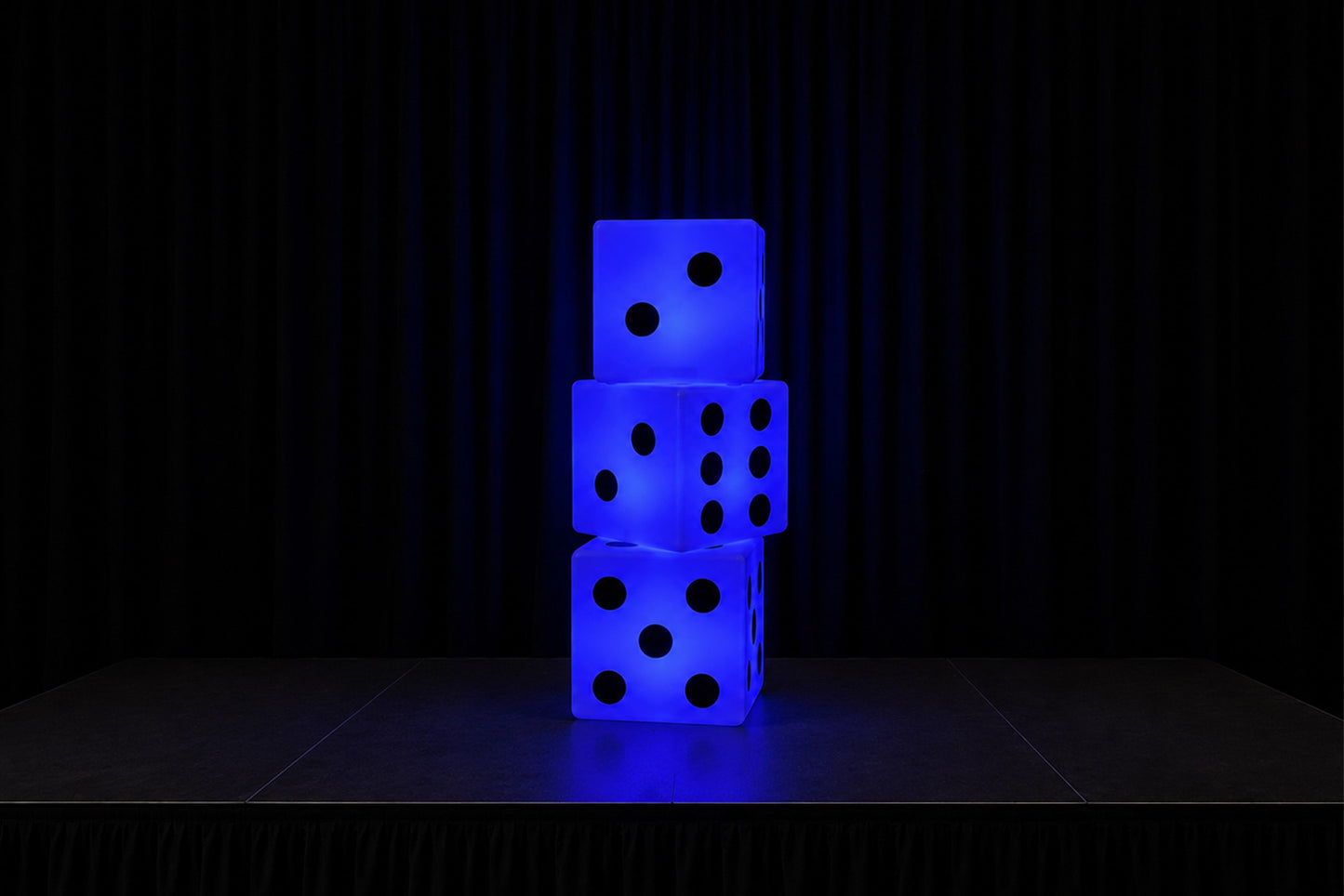 Large glowing LED dice display with vibrant lighting, perfect for casino nights, Las Vegas-themed events, fundraisers, corporate functions, and party styling in New Zealand.