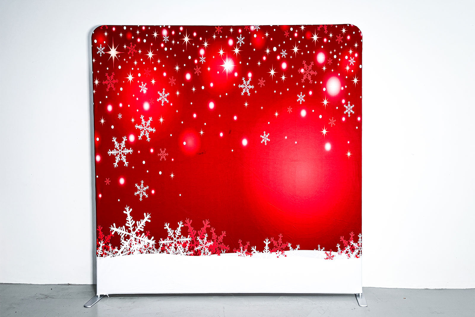 Festive Christmas fabric backdrop featuring elegant holiday styling, perfect for Christmas parties, Santa photos, corporate events, and seasonal event decor.