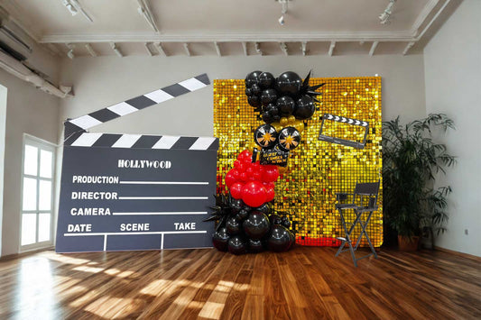 Hollywood clapper board backdrop for hire featuring movie-themed event styling, perfect for parties, awards nights and corporate events in Auckland
