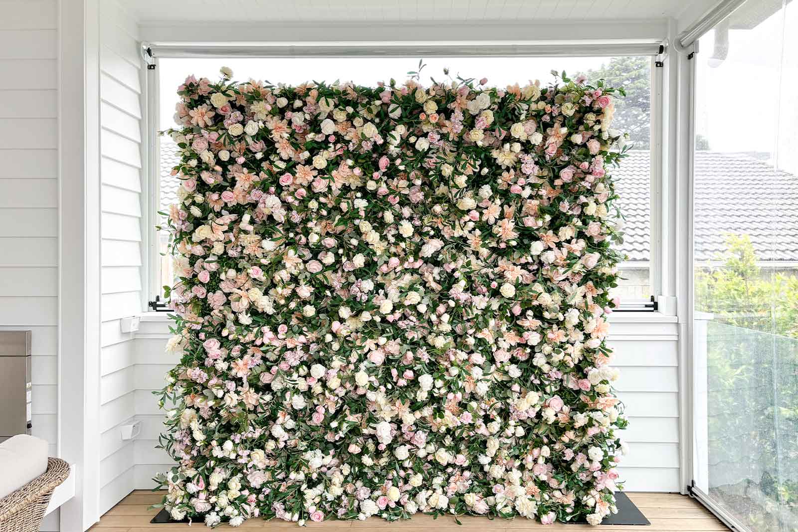 Flower wall backdrop for office events, conferences, and brand activations