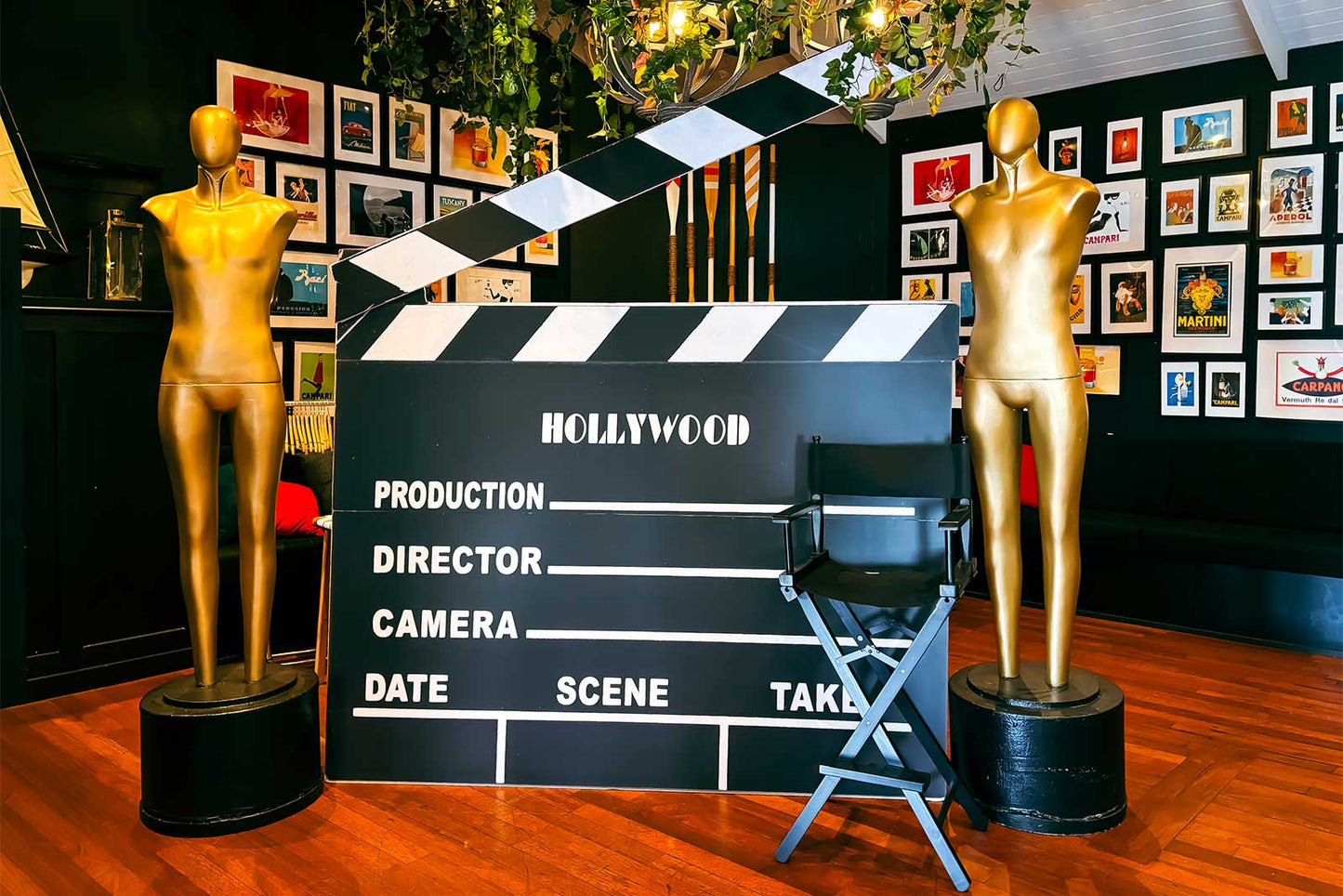 Corporate Hollywood Oscar party clapper board backdrop, large cinematic clapperboard design perfect for red carpet and themed events.