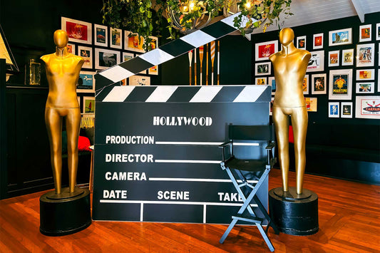 Corporate Hollywood Oscar party clapper board backdrop, large cinematic clapperboard design perfect for red carpet and themed events.