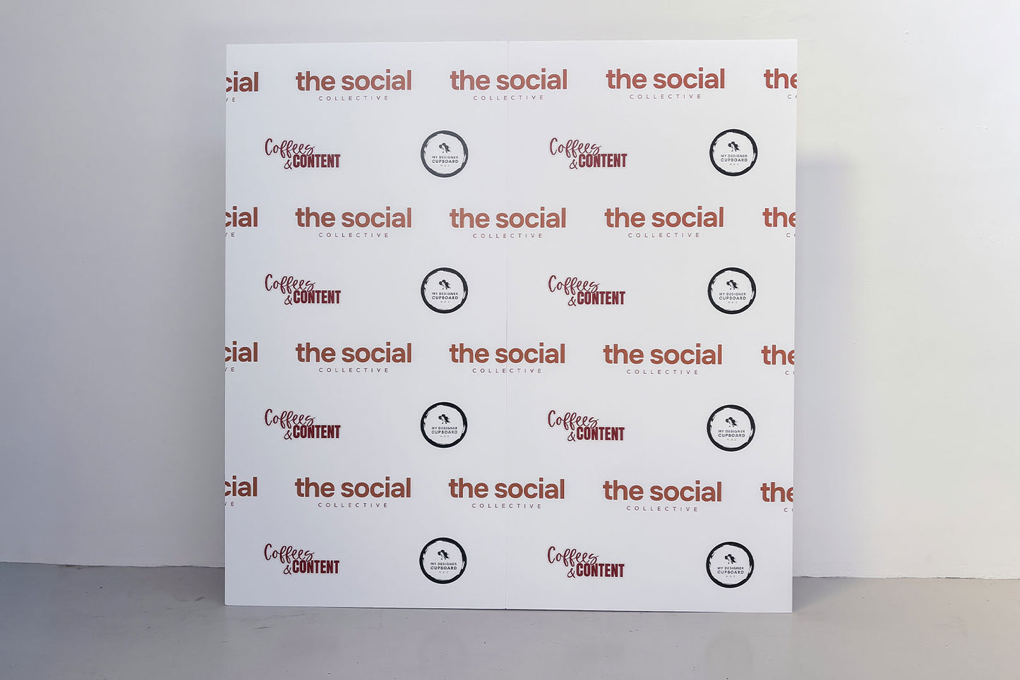 Corporate media wall backdrop for hire, ideal for branded events, press areas, and corporate photo opportunities.