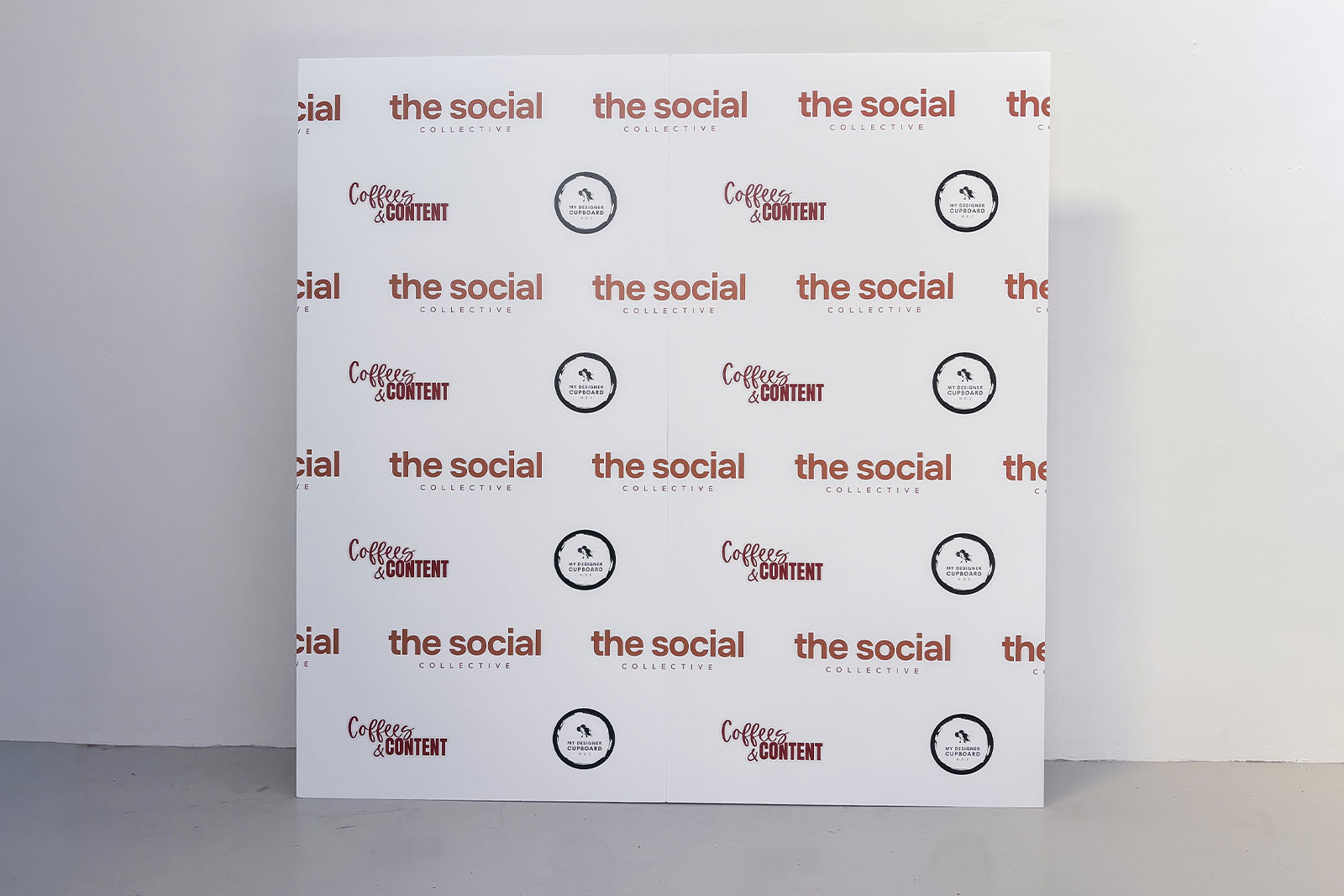 Corporate media wall backdrop for hire, ideal for branded events, press areas, and corporate photo opportunities.