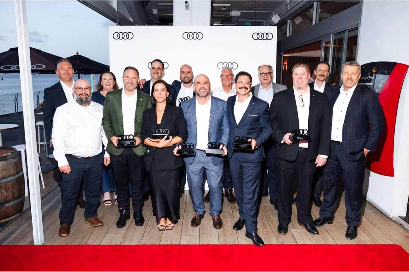 Corporate media wall backdrop for branded business event and company awards night in New Zealand.