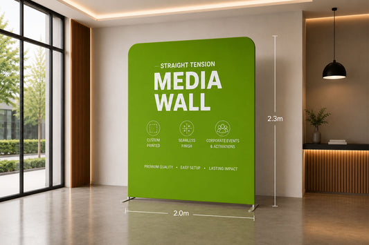 Custom straight fabric media wall display ideal for trade shows, expos, product launches and corporate branding.