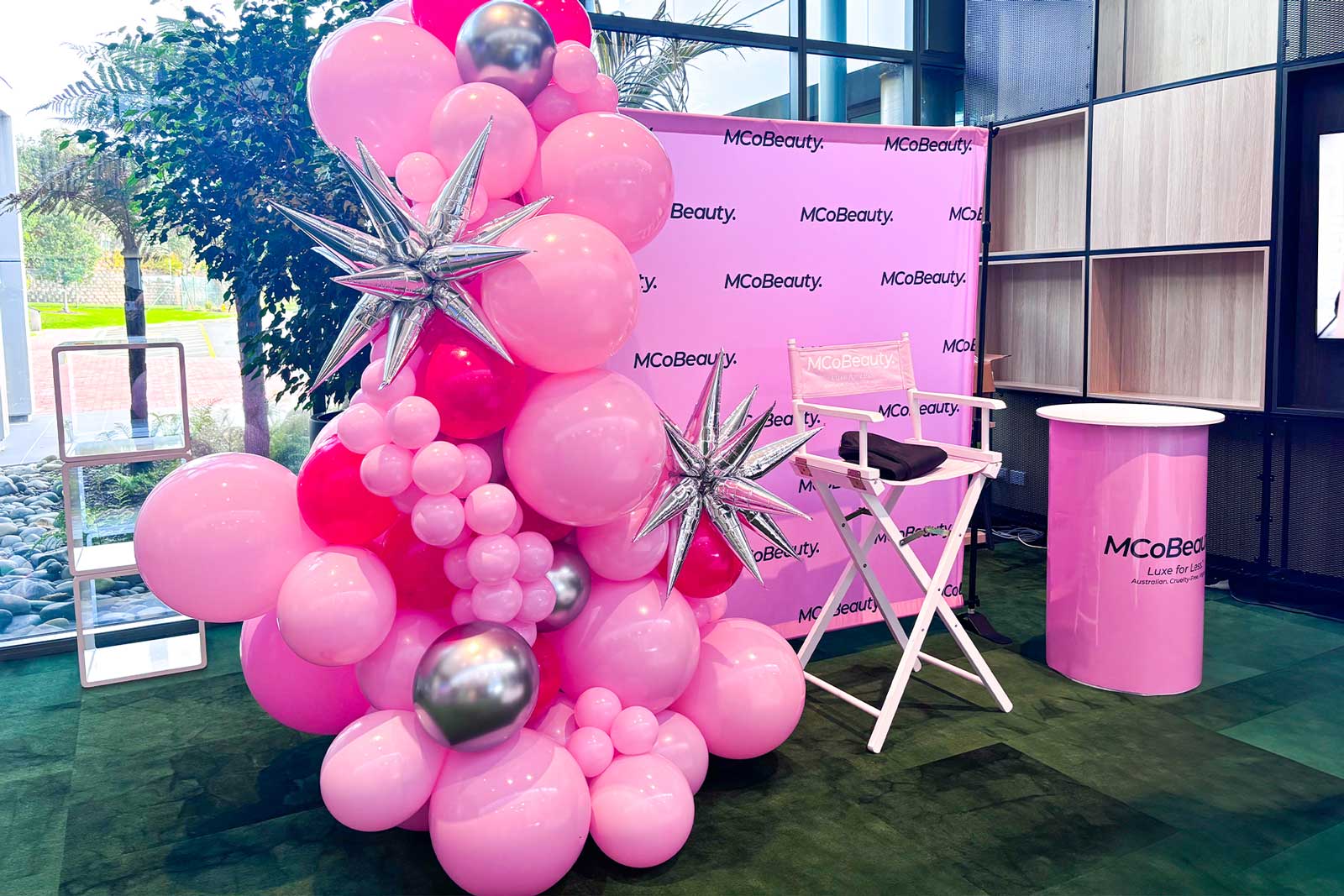 Custom freestanding balloon garland designed for corporate functions