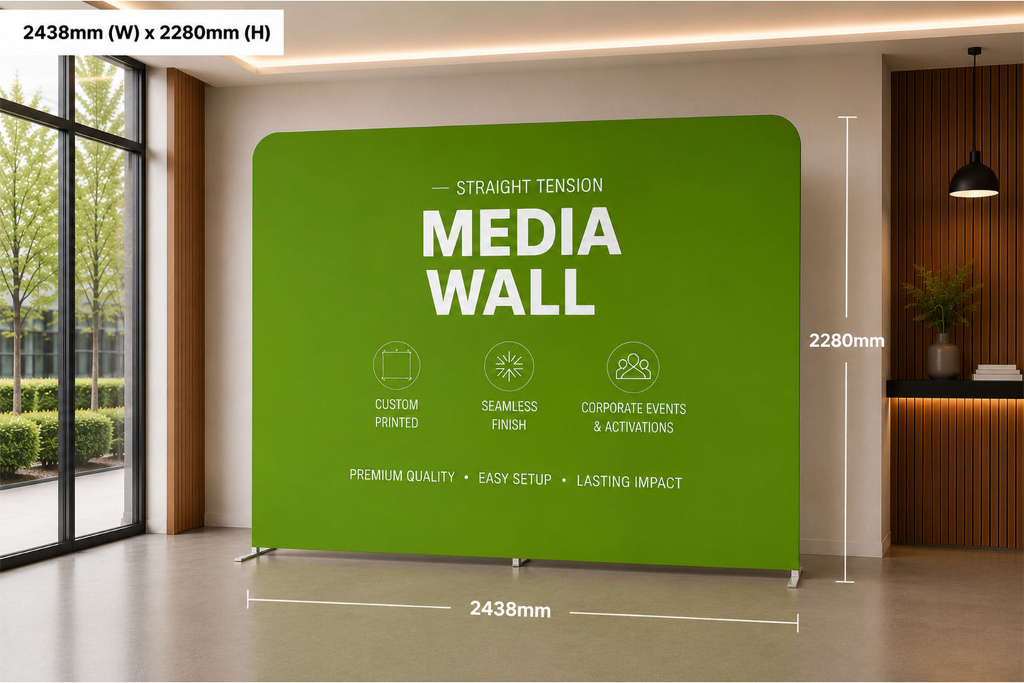 Premium straight tension fabric media wall for exhibitions, conferences, product launches, and media events.