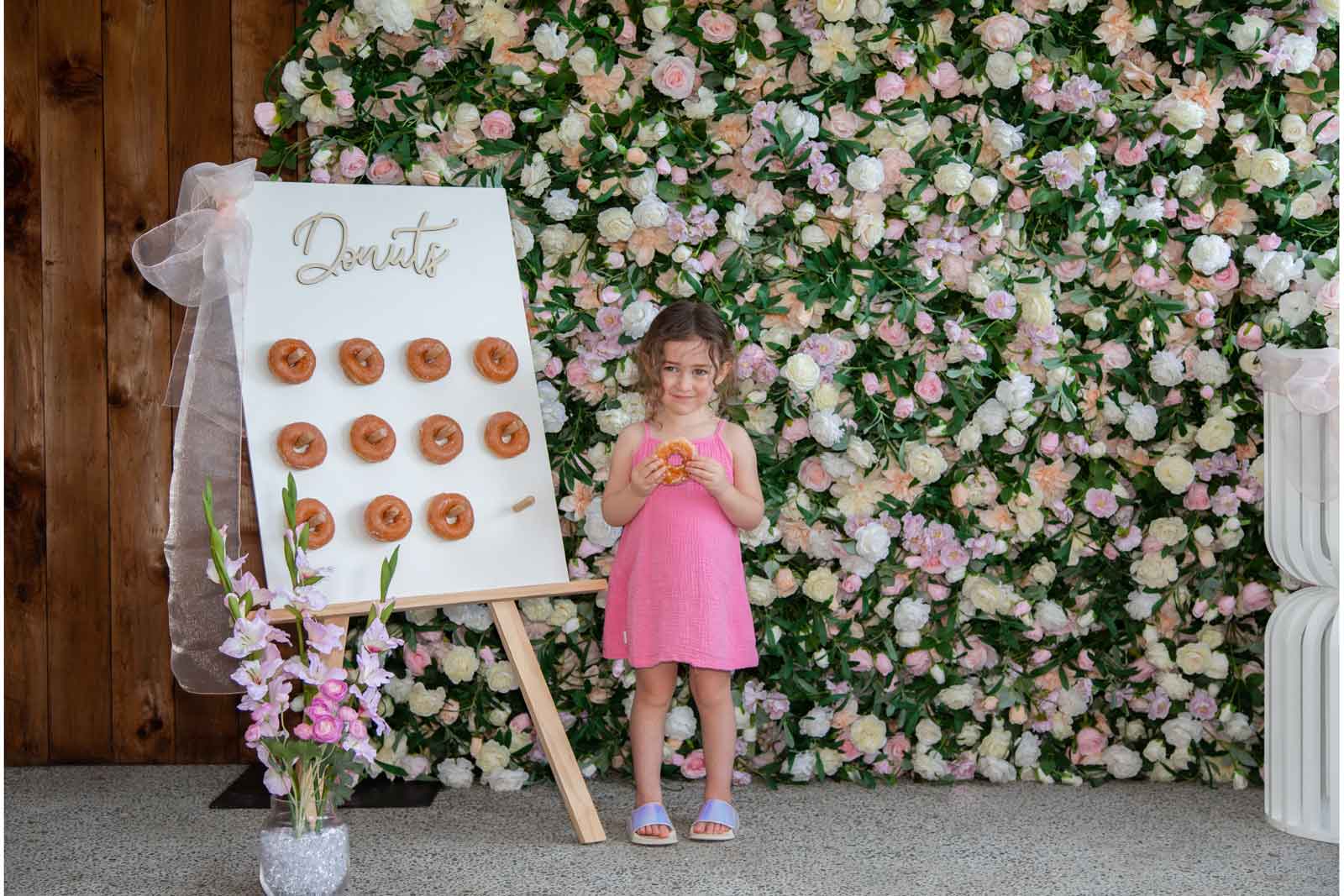 Donut wall for hire, perfect for parties, birthdays, and celebration dessert displays