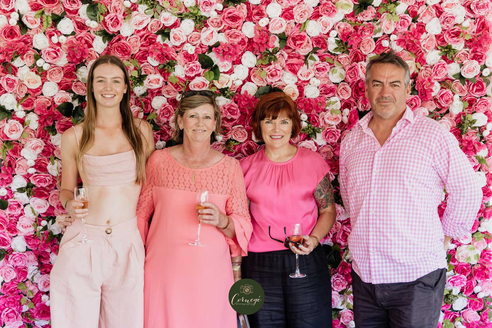 Event flower wall hire featuring pink and white florals