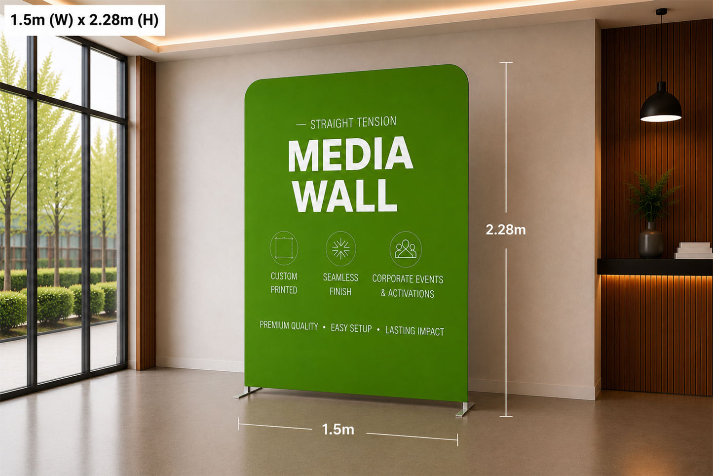 Large straight tension fabric backdrop with vibrant custom graphics for corporate functions and conferences.