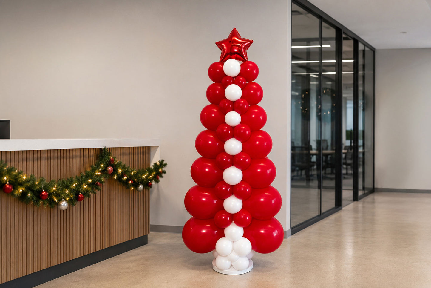 Flat Christmas tree balloon sculpture for event hire in Auckland, perfect for Christmas parties, corporate events, and festive displays.