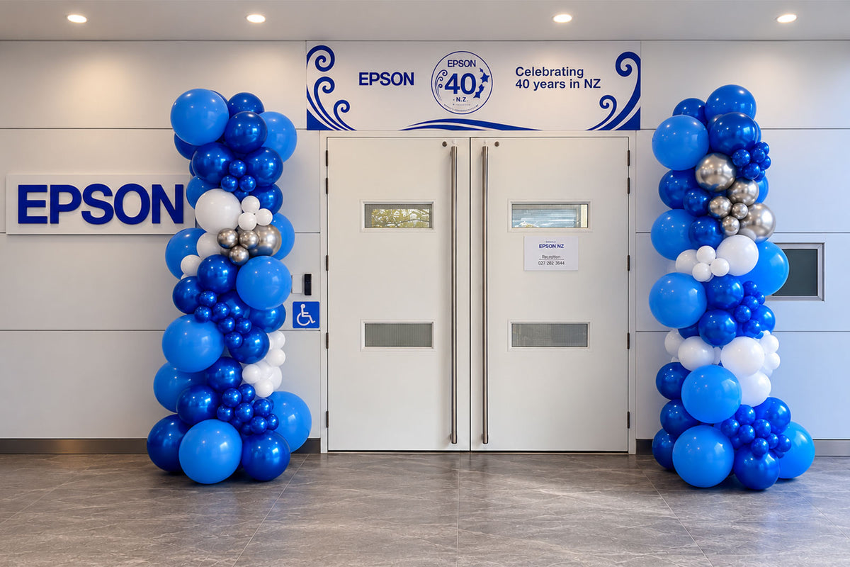 Freestanding balloon garland creating a colourful entrance feature for an event