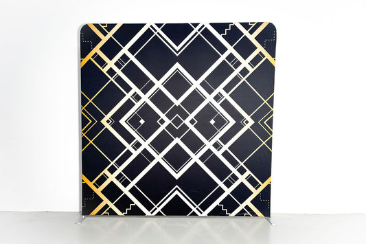 Black and gold geometric Gatsby backdrop with elegant Art Deco line patterns, ideal for Hollywood parties, Gatsby-themed events, weddings, and luxury photo backdrops.