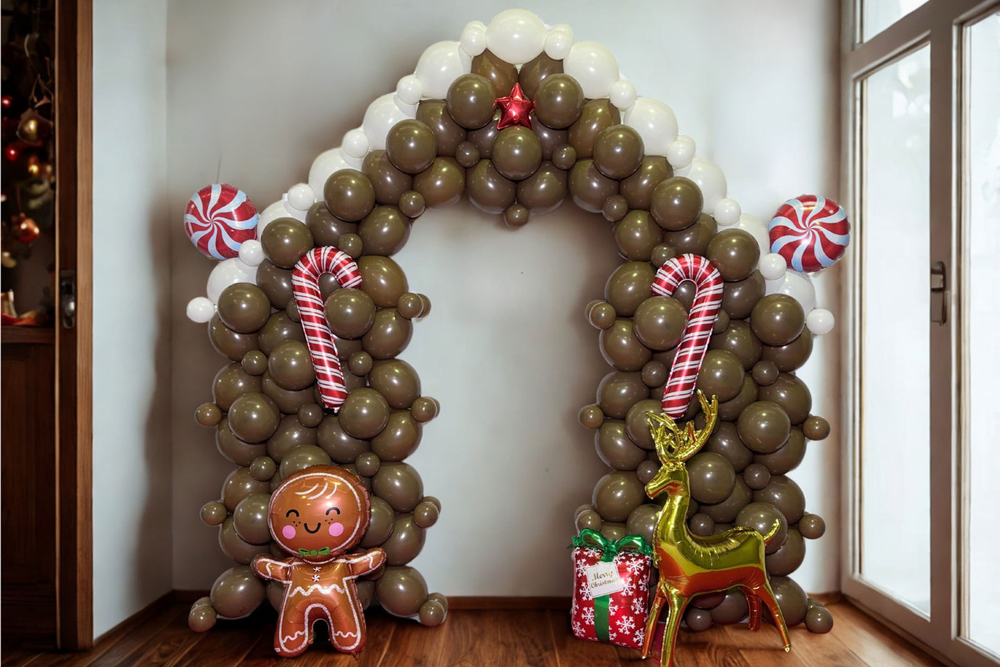 Gingerbread balloon house for hire, creating a festive and whimsical display for parties and events