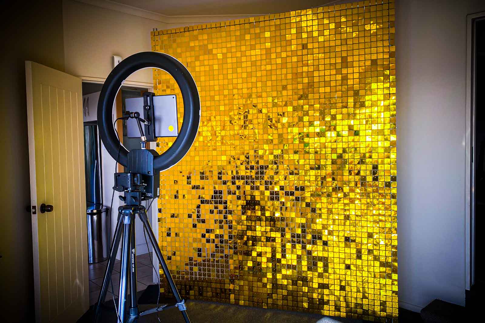 Gold sequin shimmer wall used as a corporate media and photo backdrop