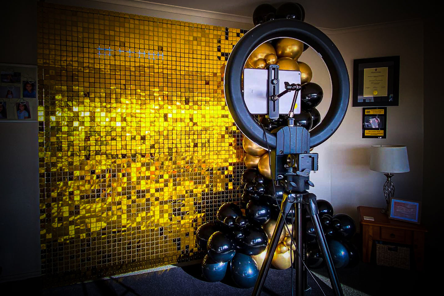 Gold shimmer wall backdrop hire for luxury parties and special celebrations