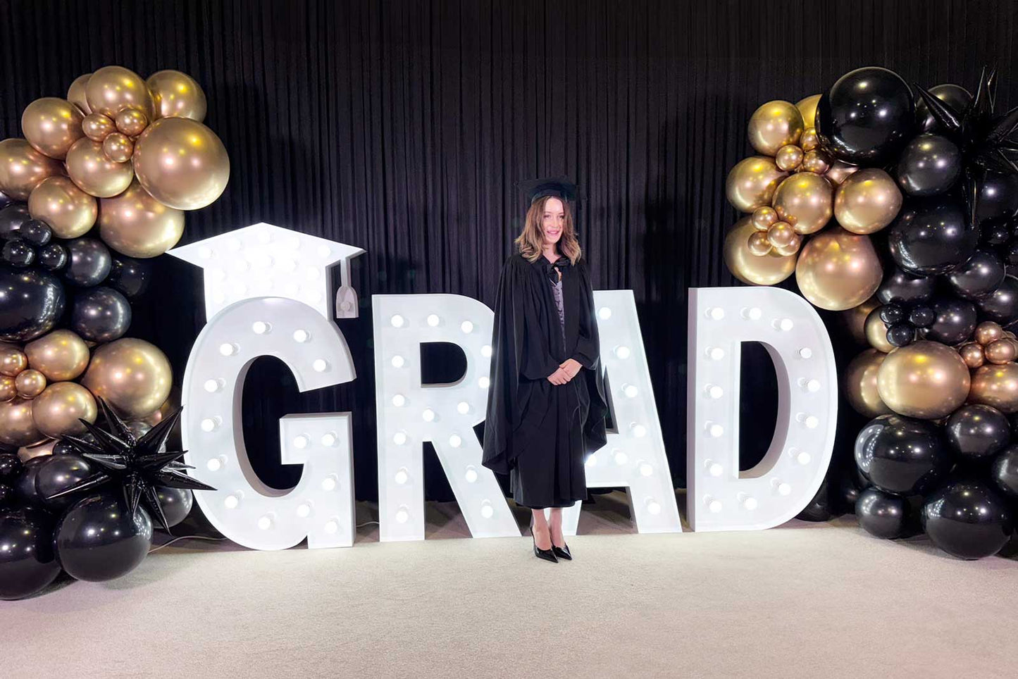 Stylish graduation decorations and photo backdrop for graduation events in Auckland