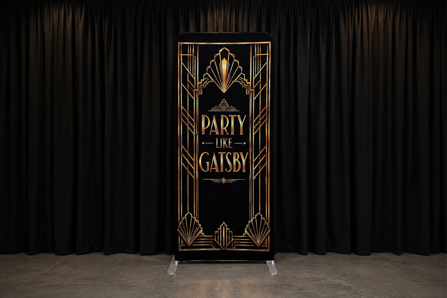Black and gold Great Gatsby themed backdrop for roaring twenties events and celebrations in Auckland