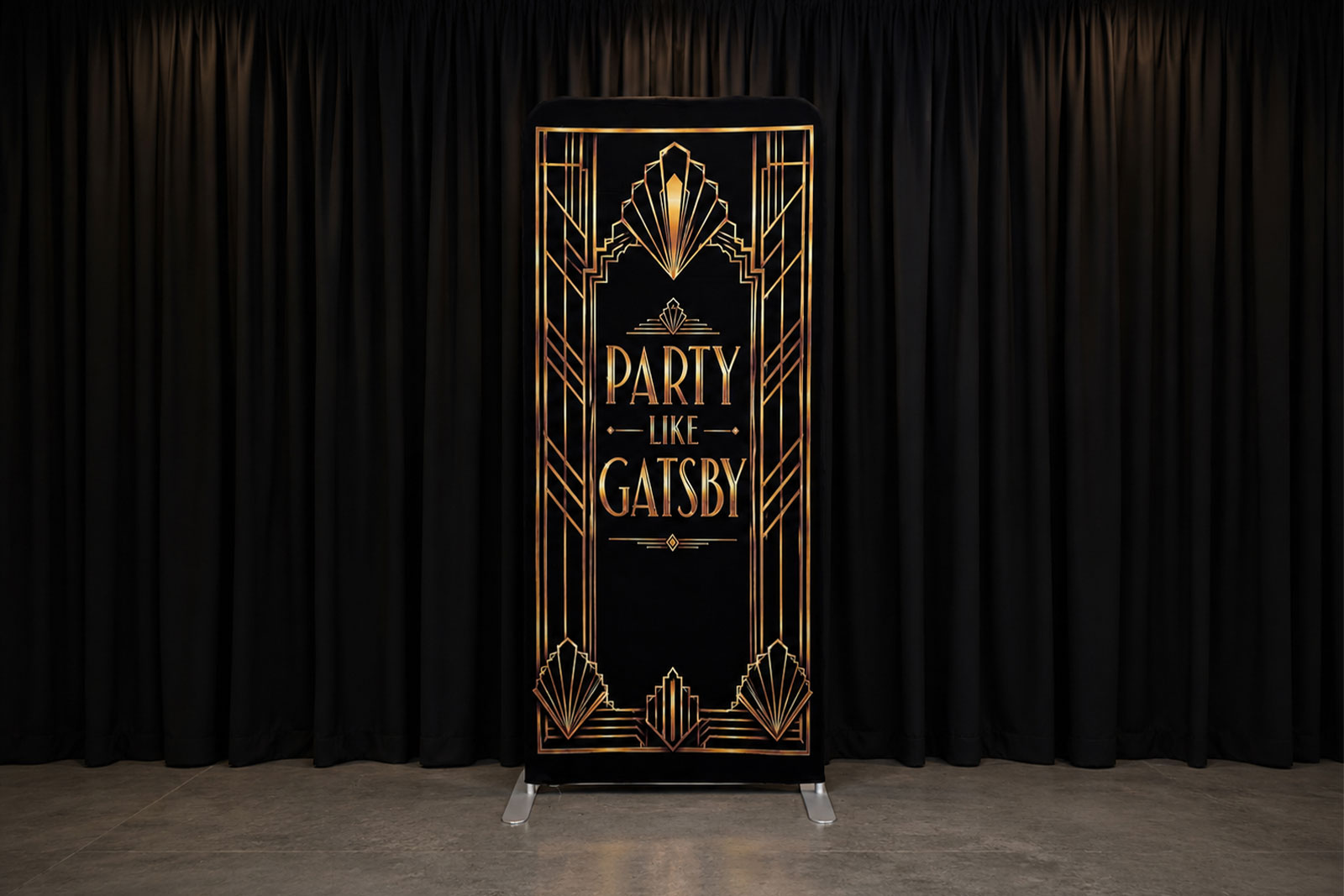 Black and gold Great Gatsby themed backdrop for roaring twenties events and celebrations in Auckland