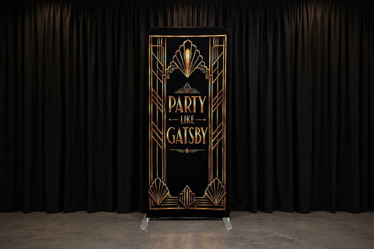Black and gold Great Gatsby themed backdrop for roaring twenties events and celebrations in Auckland