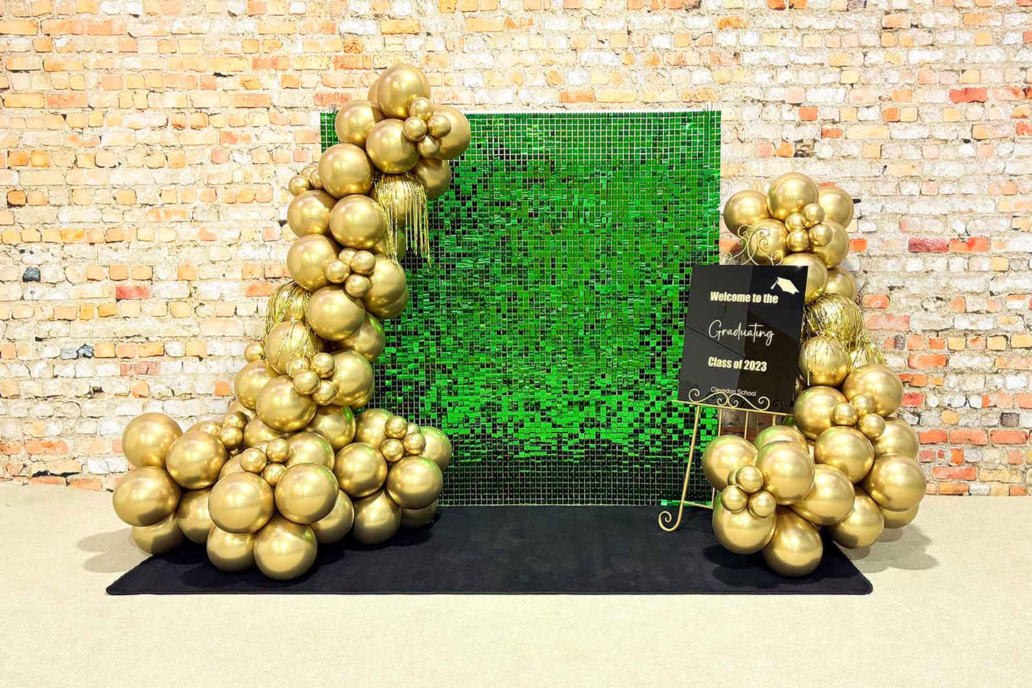 Green shimmer wall hire for birthdays, celebrations, and stylish party décor