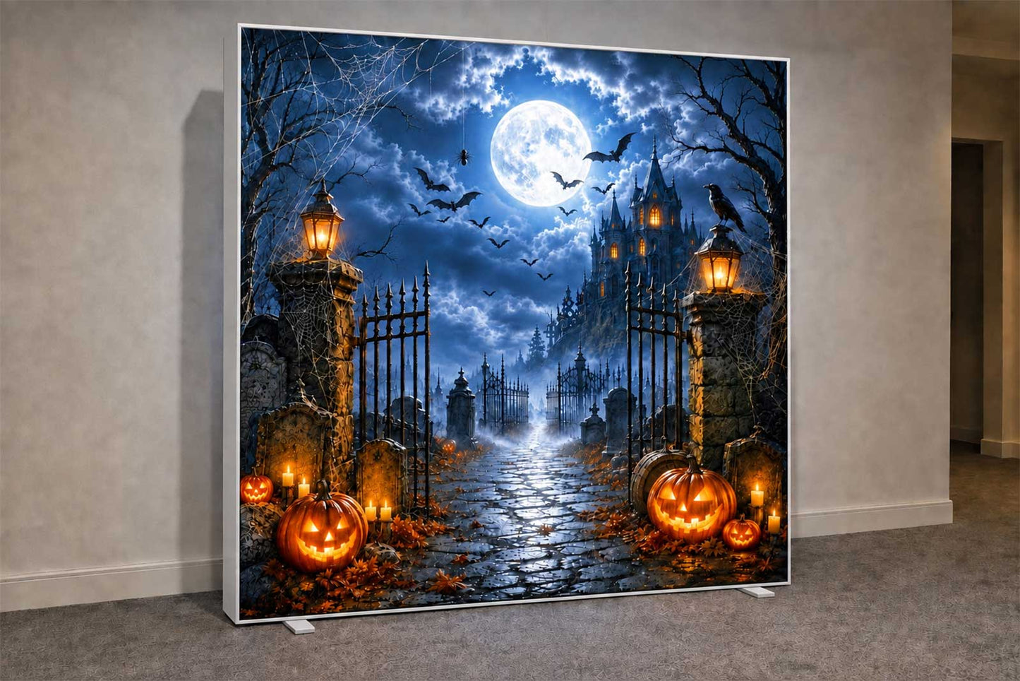 Halloween themed event backdrop with spooky decorations for parties and events in Auckland