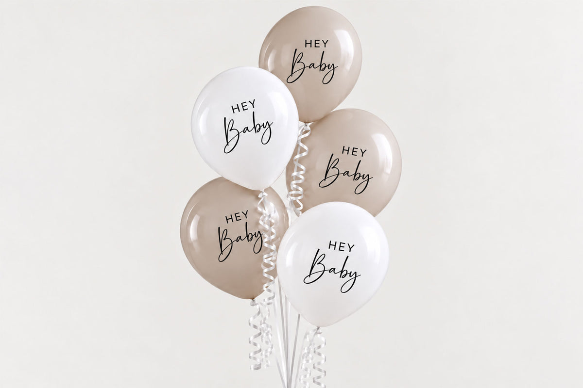 Hey Baby themed helium balloon bunch for a baby shower celebration
